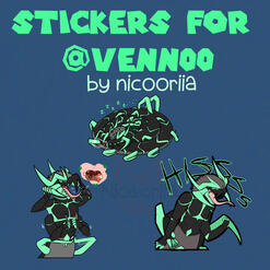 Stickers of a bug-like futurisic centipede character sleeping, thinking about food, and hissing.