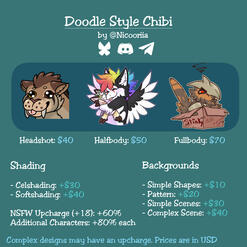 Sheet showing the prices for simplified chibi-like doodles, including ranges for shading, backgrounds or any other additions. For a text-to-speech friendly show of the prices, click on the buttons.