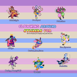 Stickers with several furry characters in clown costumes, performing different acts; a top hat wearing tiger about to launch a pie, a dog juggling rings while balancing on a ball, a wolf dancing in a jester costume, a rabbit wearing a ringmaster outfit and