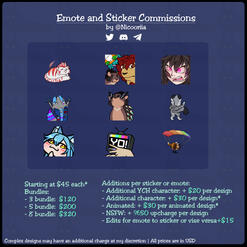 Sheet showing the prices for stickers and emotes used in different platforms such as Telegram, Discord, and Twitch, including bundles, animations or any other additions. For a text-to-speech friendly show of the prices, click on the buttons.