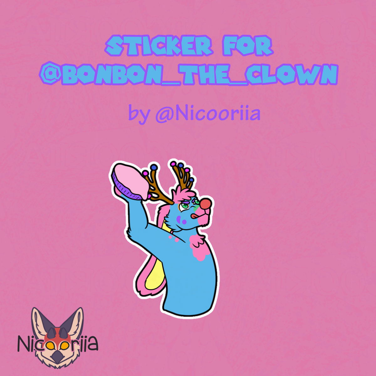 Colorful clown jackalope furry holding a pie to throw. The pie instead falls on their head, and the tin and fillings slide off their face into their paw, and the animation loops once more.