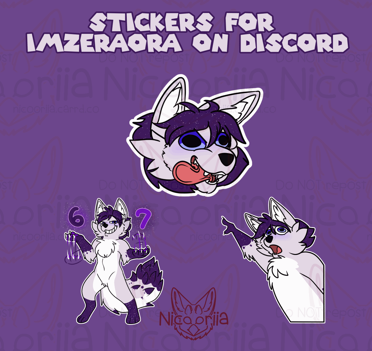 Three images of a gray fox-like furry character with purple hair, arms, legs and tail tip. The topmost image is animated with their face shaking sideways with their tongue out, the 6-7 pose on the lower left, and pointing behind them in the lower right