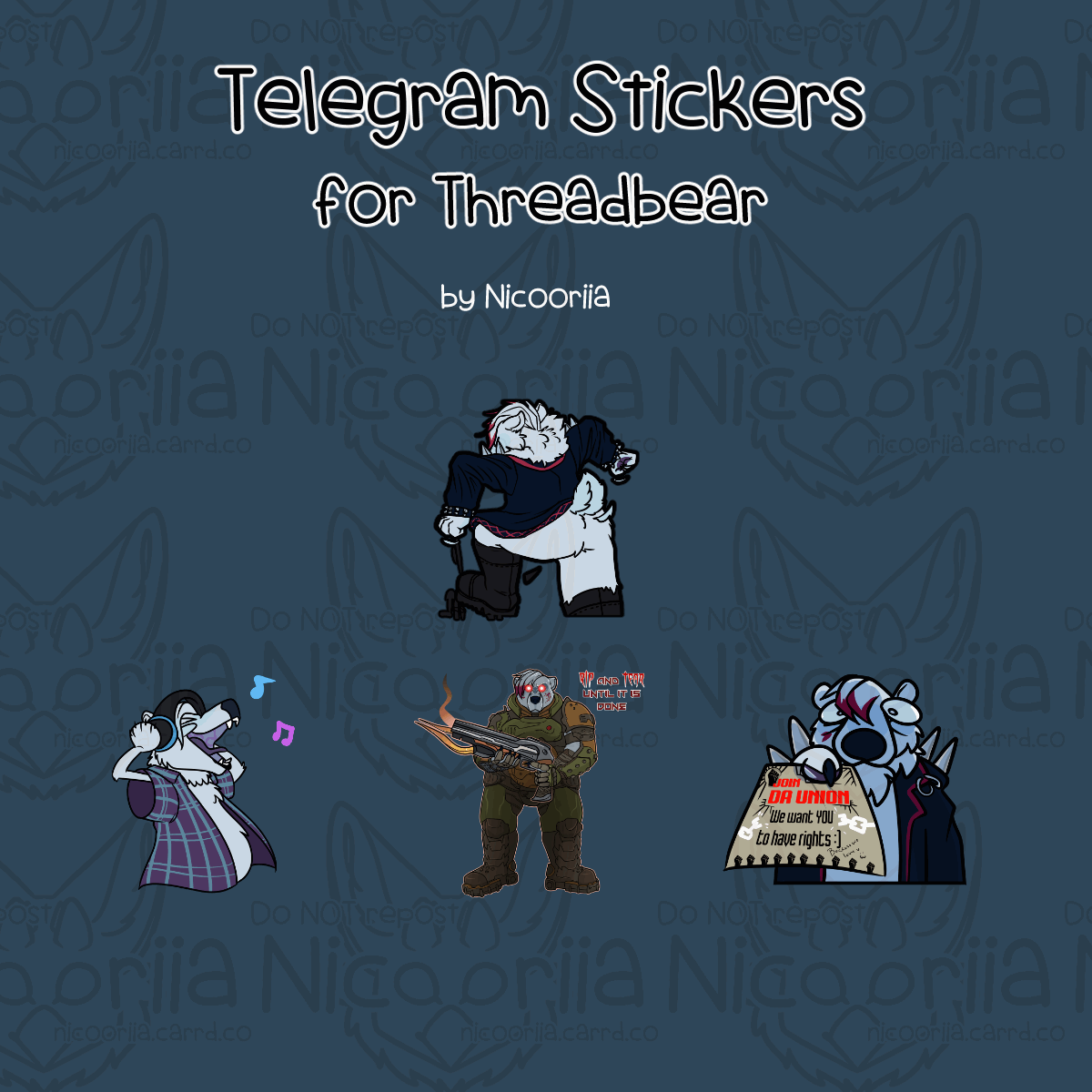 Stickers for Threadbear Stickers of a polar bear character. One is animated boot stomp; one listening to music; a version of the character in the DOOM Eternal armor, and another offering a pro-union pamplet.