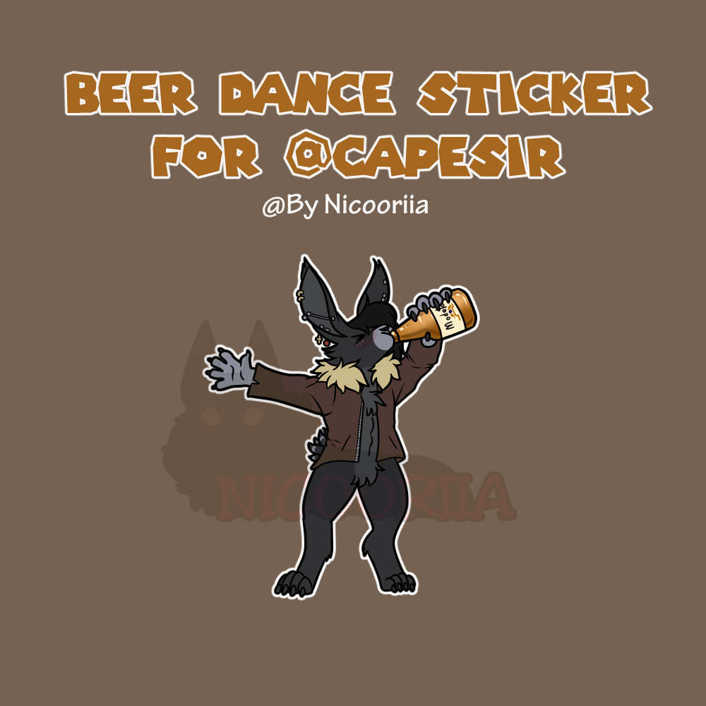 A black rabbit fursona with a leather jacked dancing while drinking Modelo Beer