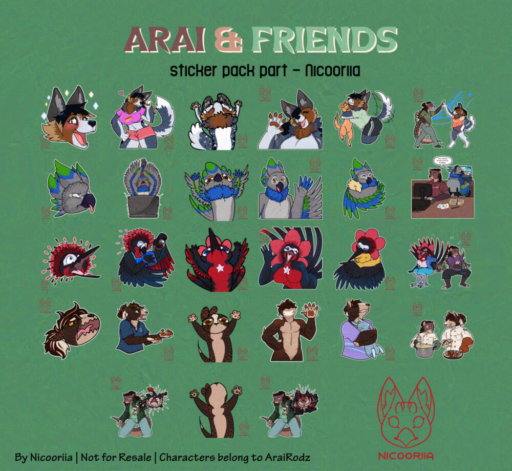 Collection of stickers for a Telegram sticker pack, featuring multiple furry characters in different poses; a pangolin-porcupine hybrid with dreads and green tipped quills, a blue and red puerto rican woodpecker with a flower hairstyle, a grey songbird wit